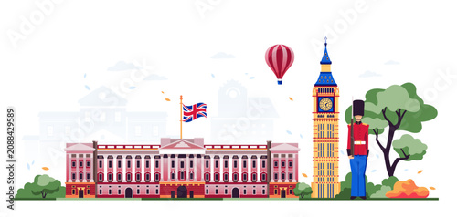 Buckingham Palace and Big Ben - Flat Design Illustration