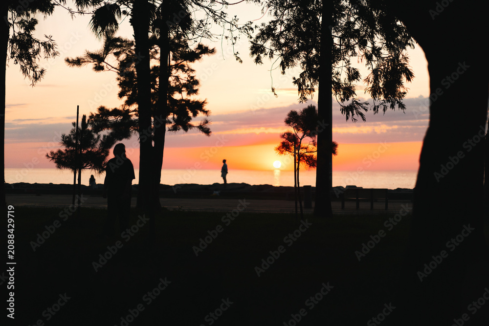 Naklejka premium Woman silhouette at sunset outdoors, relaxed lifestyle moment by water, warm hues, tranquil park setting