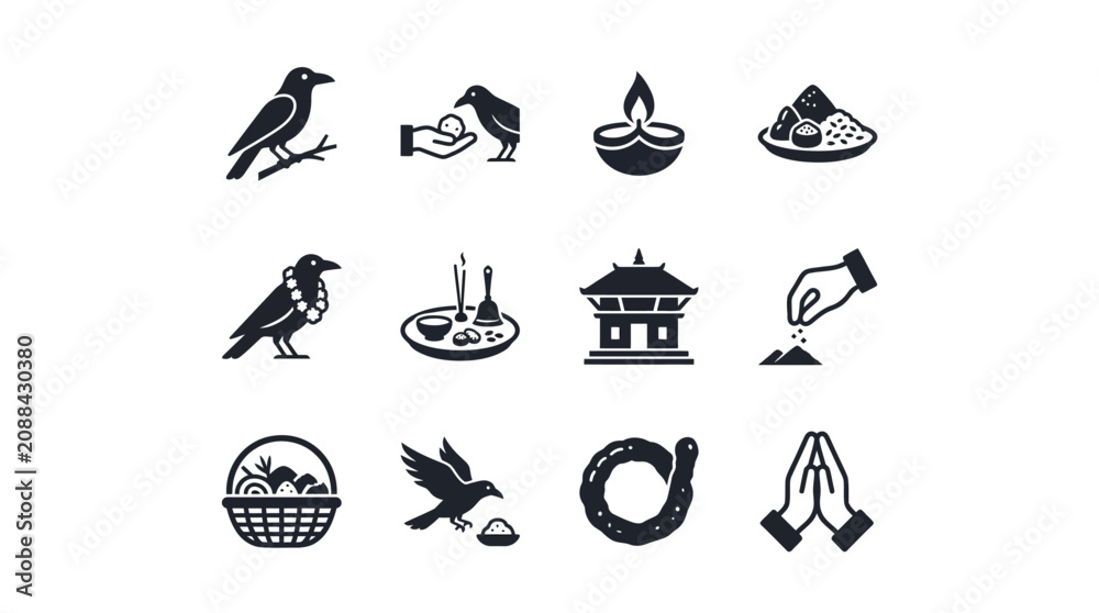 Obraz premium Indian Ritual Icons: Crow Offering, Diya Lamp, Temple, Prayer Hands