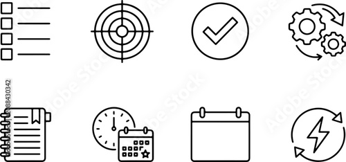 Minimalist time management and business productivity line icons set vector