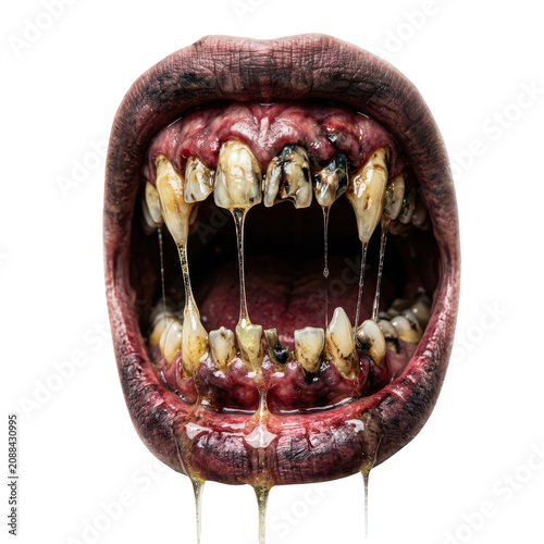 Closeup of a monstrous zombie mouth with decaying teeth and dripping saliva isolated on transparent background