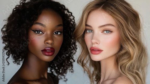 Portrait of two diverse young women with natural makeup and curly hair in a studio setting
