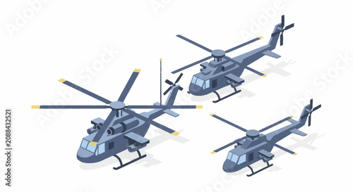 Photos Three Military Helicopters in Different Sizes Isometric View.