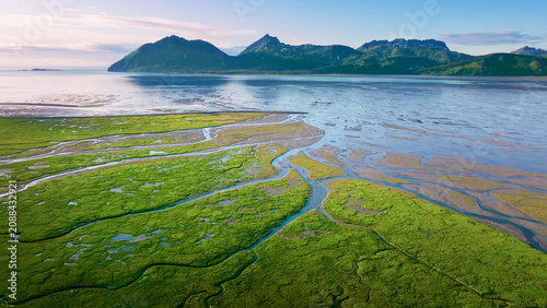 Aerial View of Coastal Alaska Tidal Flats and Salt Marsh with Mountain Backdrop