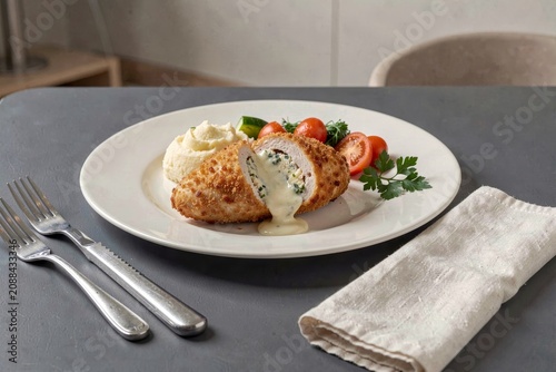 Plate with Chicken Kyiv, breaded chicken with garlic herb butter, mashed potatoes, creamy sauce, cherry tomatoes, cucumbers, parsley. Concept of food presentation.