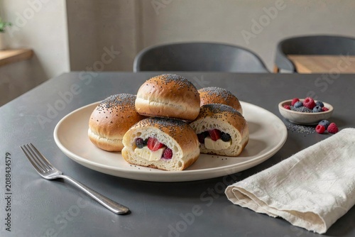 Plate of Kolace, sweet buns with poppy seed cheese, fresh berries on napkin. Concept of modern dining setting with focus on baked goods, texture, and delicious filling.