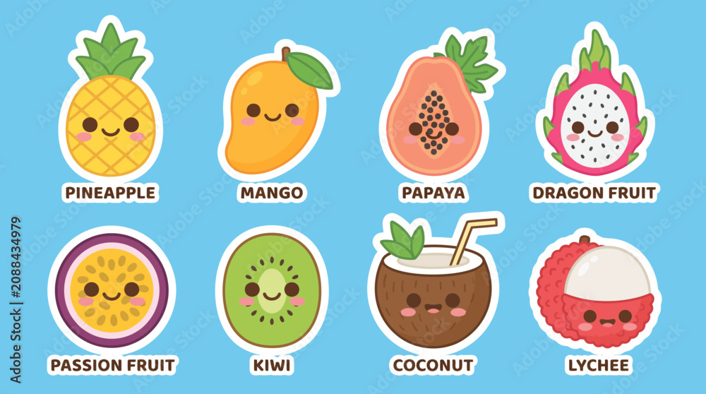 Fototapeta premium Vibrant collection of cute tropical fruit vector illustrations featuring smiling faces and distinct labels isolated on a bright blue background