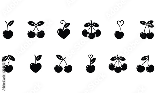 Set of cherry fruit in black silhouette style featuring various arrangements with leaves and stems isolated on white background