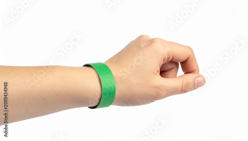 Hand with green paper bracelet on a white background. Wristband for admission to a concert or entertainment center