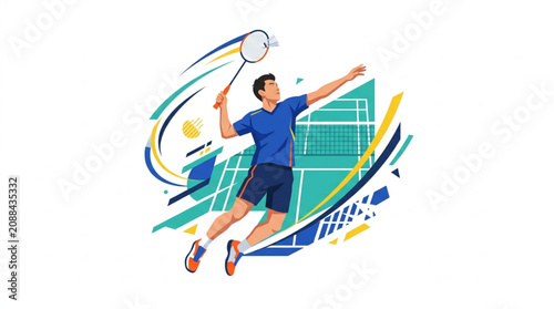 Dynamic illustration of a male badminton player executing a powerful smash shot, captured in mid-air with vibrant abstract lines and a court background, conveying energetic motion