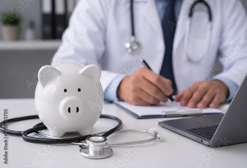 Piggy bank with stethoscope on doctor desk. Health insurance, medical cost and healthcare savings concept. Doctor writing medical prescription in background. 