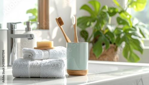 Wooden toothbrushes in cup, bath towel and soap in bathroom near window