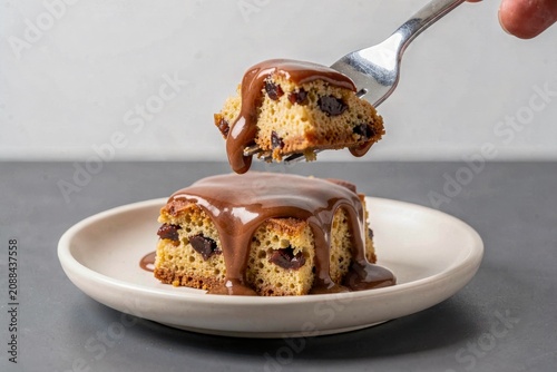 Sticky Toffee Pudding served with rich toffee sauce cream. Concept of delicious dessert capturing textures, flavors, sweetness, indulgence, and warmth of date sponge.