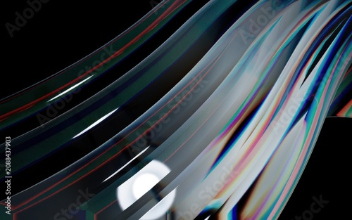 Abstract 3d render of flowing iridescent glass ribbons with chromatic aberration effect on a black background