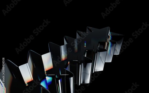 Abstract 3d rendering of a series of dark, glossy starshaped objects arranged in a diagonal line against a black background