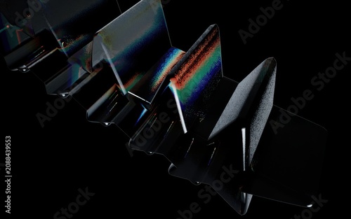 Abstract digital art featuring a sequence of dark, angular, geometric planes with a vibrant, glowing spectral light refraction effect