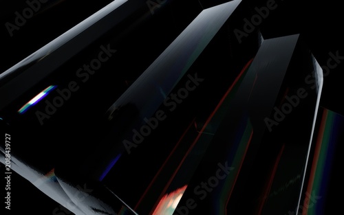 Abstract 3d render of dark geometric prism shapes with chromatic aberration and light refraction effects on a black background