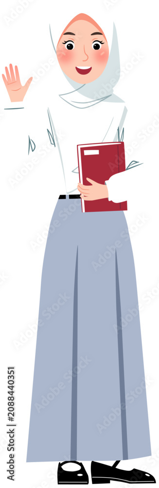 Naklejka premium Muslim Student Girl Wearing Hijab with Book