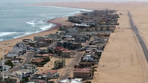 Aerial view of Langstrand, a beach resort town between Swakopmund and Walvis Bay in the Namib Desert, Namibia.