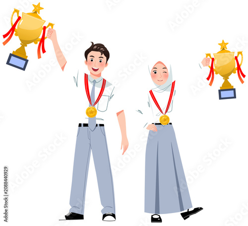 Two Senior High School Student Winning a Trophy
