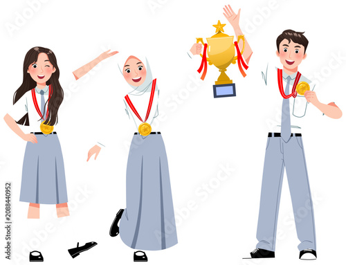 Senior High School Students Celebrate Winning a Trophy