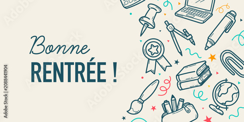 Bannière illustrée “Bonne rentrée !” avec message de bienvenue et pictogrammes scolaires, idéale pour communication d’école, carte de rentrée, post, affiche, newsletter ou bannière web.