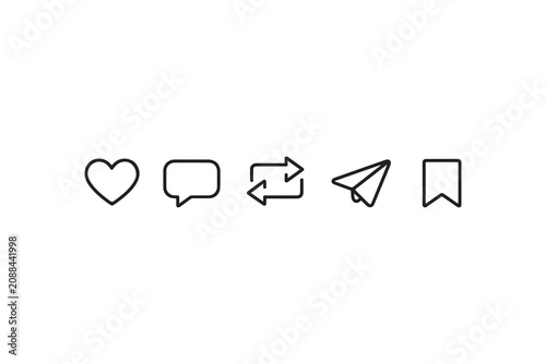 Social media engagement outline icon set featuring like comment repost send and bookmark.