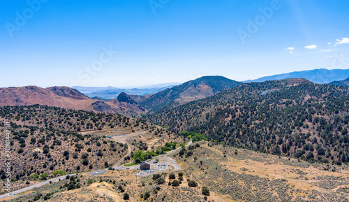 Aerial view of Beautiful Mountain scenery in the desert below Virginia City Nevada along 6 mile canyon road.