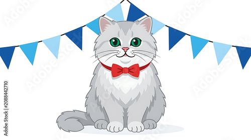 Cute gray cat wearing red bow tie with festive blue bunting flags, celebration