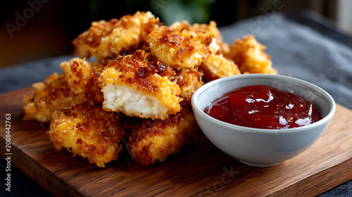 crispy golden fried chicken nuggets stacked on wooden board with fresh parsley and red dipping sauce