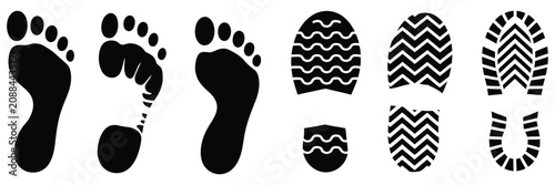 Footprint track set with human bare feet and various boot shoe tread patterns, footwear impressions, movement paths, hiking tracks, walking symbols, and footprint collection for creative 