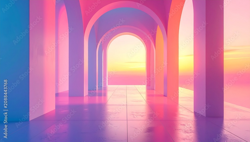 Fototapeta premium An abstract surreal architectural background featuring a series of glowing arches bathed in vibrant pink and orange sunset light hues.