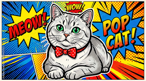 Cute cat cartoon comic book style pop art illustration with bow tie, colorful