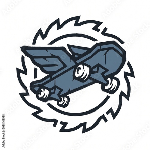 Urban Street Culture Vector Illustration Featuring a Winged Skateboard Emblem Surrounded by a Sharp Circular Saw Blade Design