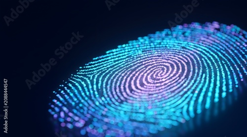 Digital fingerprint glowing with blue and purple light