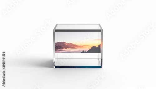 A clear transparent glass cube displaying a scenic mountain landscape during sunrise captured inside a decorative minimalist block on white.
