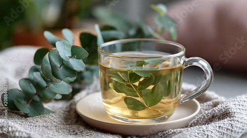 cup of hot green herbal tea served with eucalyptus branch on table symbolizing relaxation health and wellness