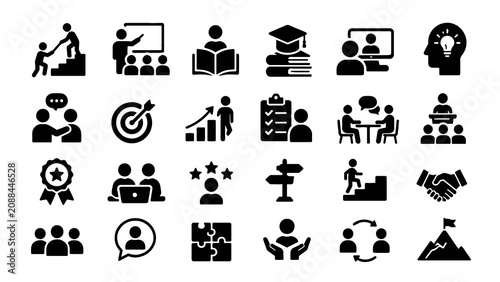Business, Education and Career Solid Icons Set – Leadership, Training, Growth, Achievement and Teamwork Vector Collection