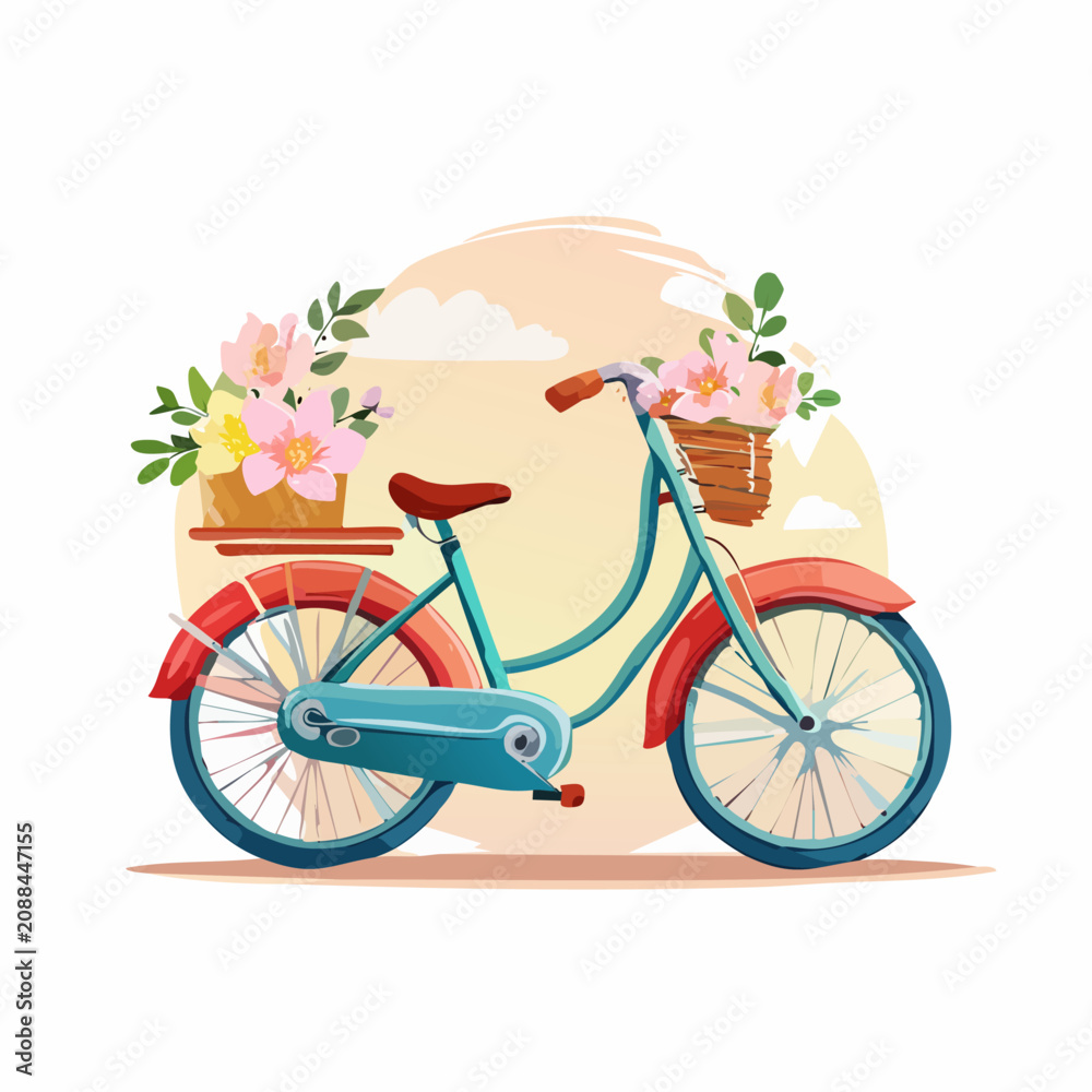 Fototapeta premium Vintage bicycle with spring flowers vector illustration.