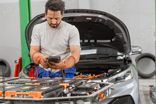 Принти на полотні Professional EV Car Service, Male worker Electricity Vehicle Fix Maintenance EV