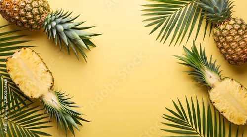 Whole and halved pineapples with palm leaves on yellow background