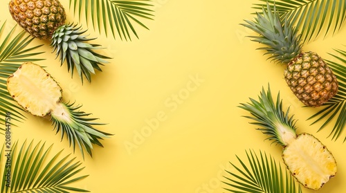 Whole and halved pineapples with palm leaves on yellow