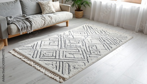 Modern living room interior featuring a decorative woven area rug with geometric pattern placed on a light wooden floor by a cozy sofa.