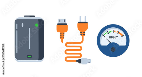 Tableau sur toile Battery Charging Power Cord and Voltage Meter Vector Set
