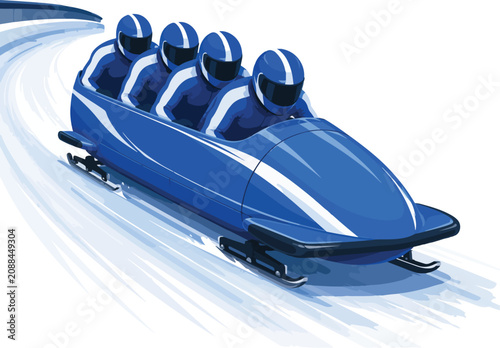 Slika na platnu Four person bobsled team racing down icy track bobsleigh