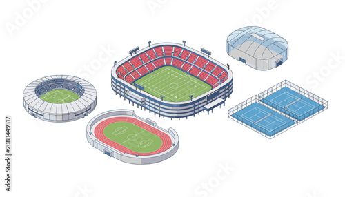 Collection of isometric sports venues featuring a football stadium, athletic track, tennis courts, and an indoor arena for competitive athletics.
