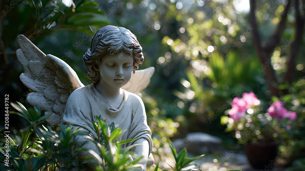 Obraz premium cherub angel garden statue surrounded by lush greenery and blooming pink flowers in tranquil backyard sunny afternoon light