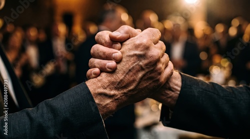 Powerful business handshake close up representing confidence leadership partnership and corporate success