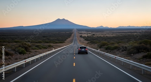 A single car driving on a long straight asphalt road heading towards a large mountain at sunset with a beautiful soft orange and blue sky in the background