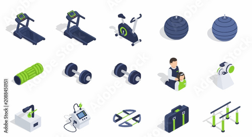 Foto Flat design icons of gym equipment and fitness activities.